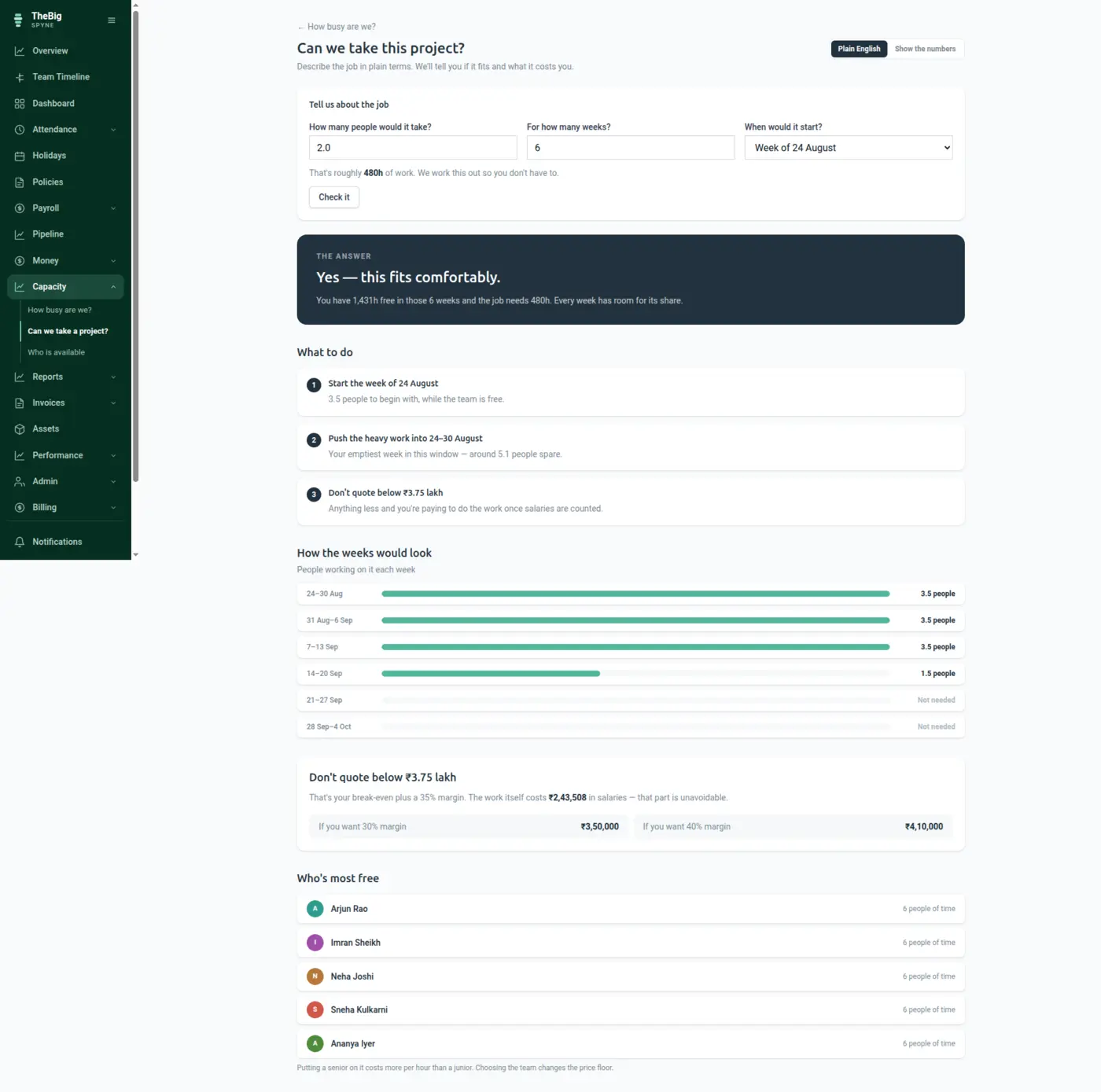 The project quoting screen showing available hours, cost floor and a deliverability verdict