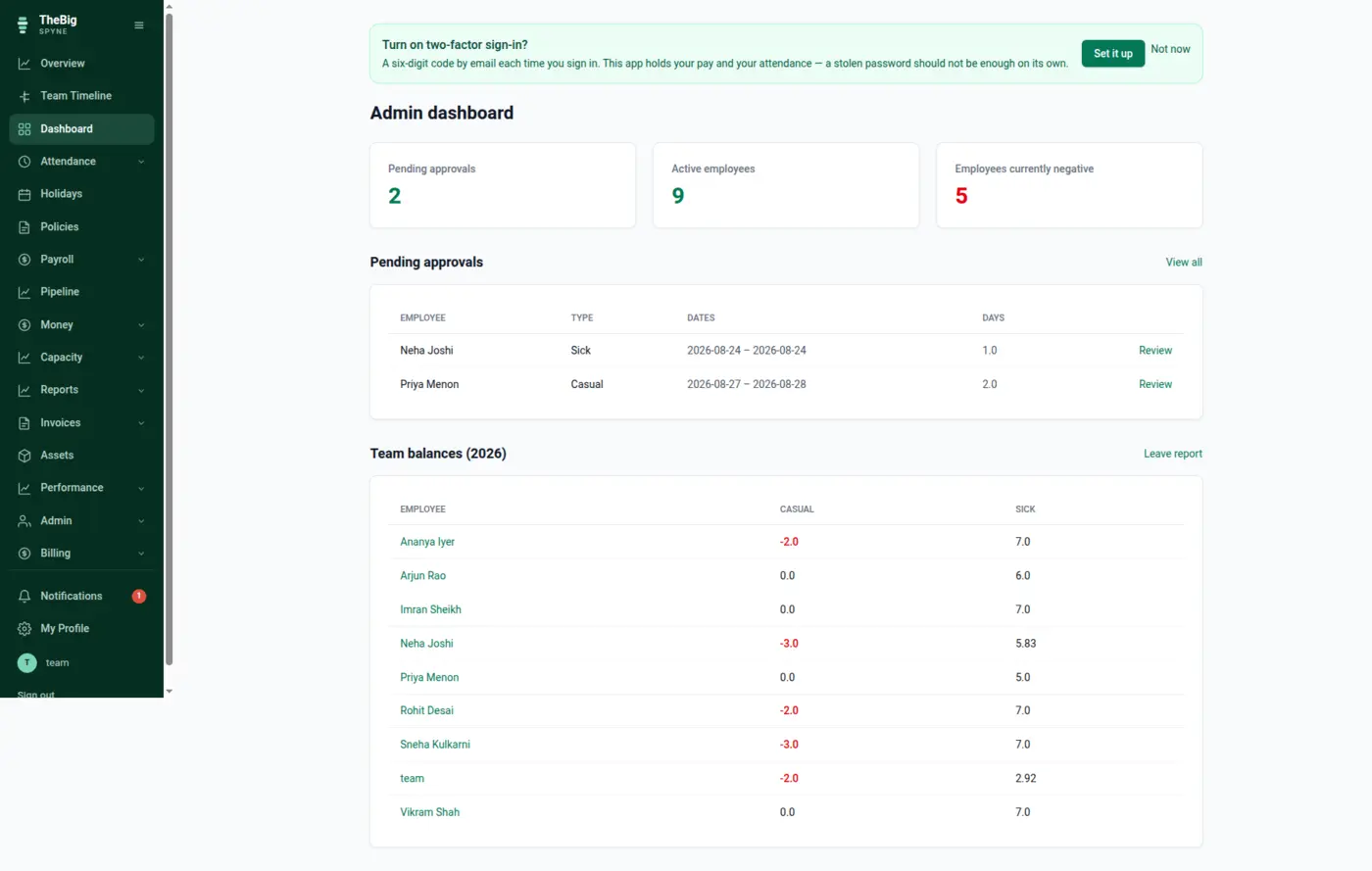 The employee dashboard with leave balances, recent requests and upcoming holidays