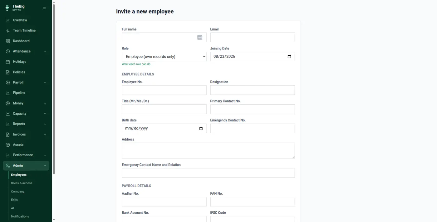 The invite employee form with name, email and role