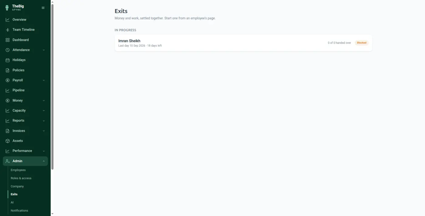 The exits list showing people leaving with their last working day