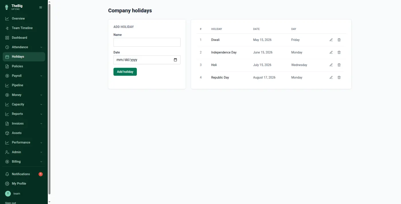 The company holidays screen listing public holidays with dates