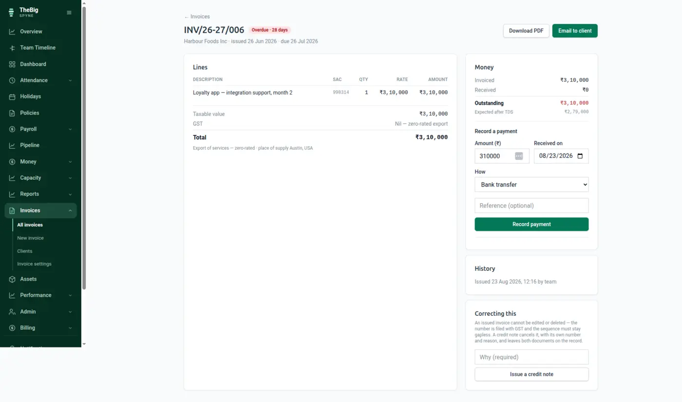 A finished GST tax invoice PDF with line items, IGST and totals