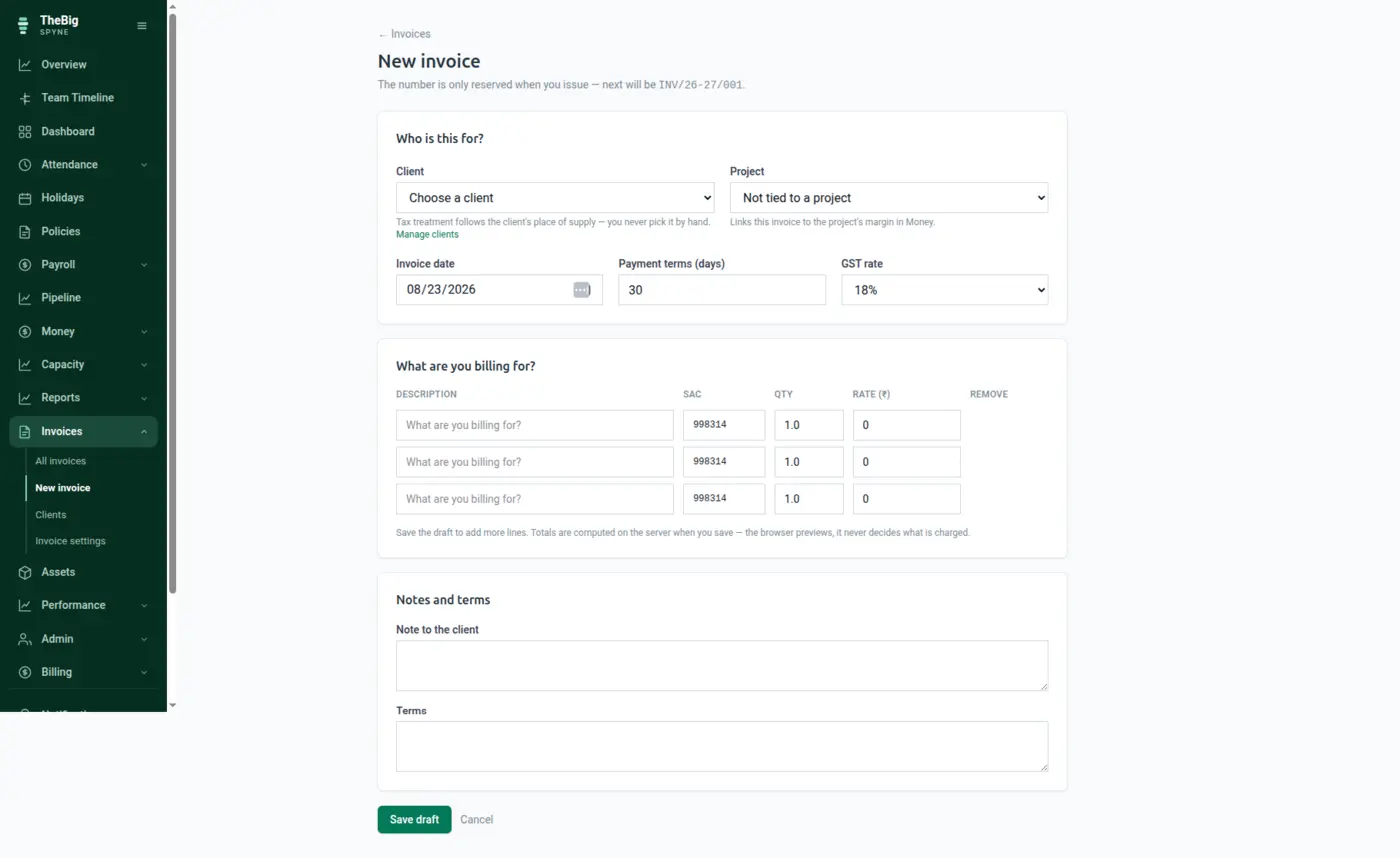 Creating a new invoice with client, line items and tax treatment shown
