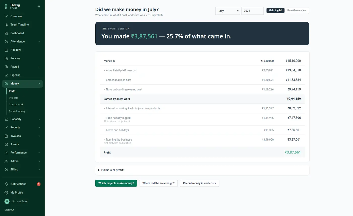 Profit by project and client, with revenue from invoices and cost from payroll