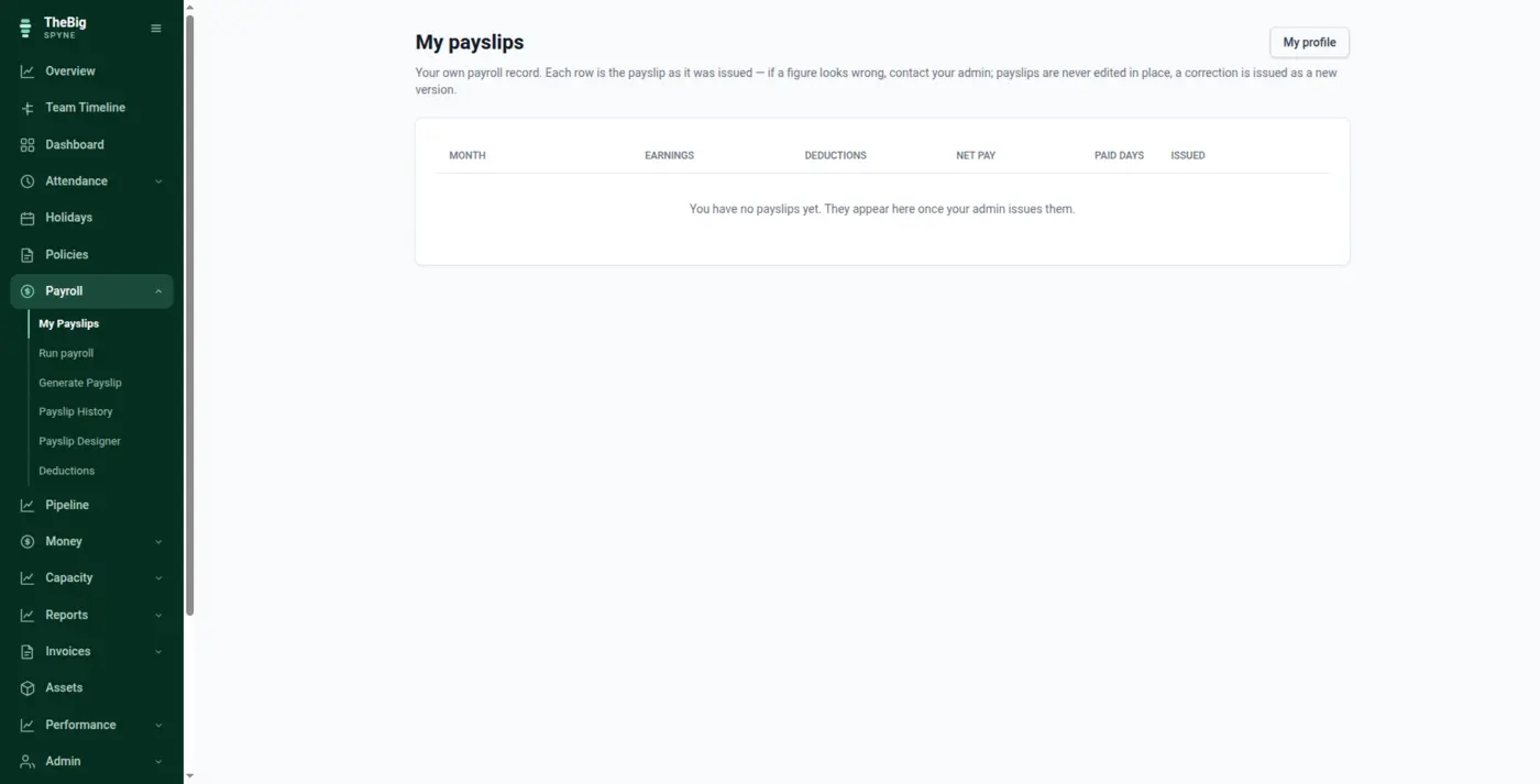 An employee's own payslips screen with downloadable PDFs