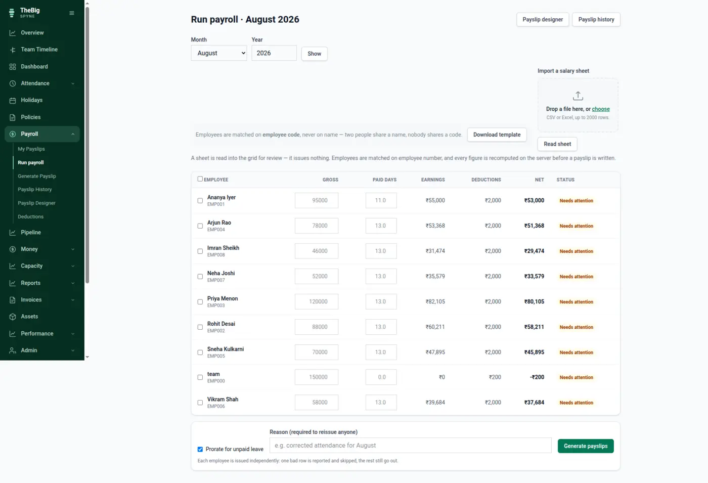The batch payroll run screen showing every employee with their computed net pay for the month