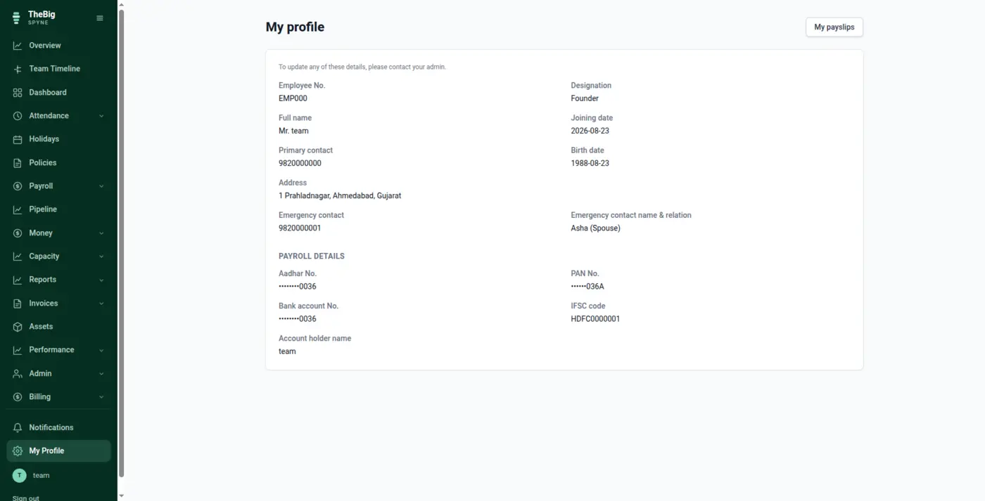 An employee's own profile screen