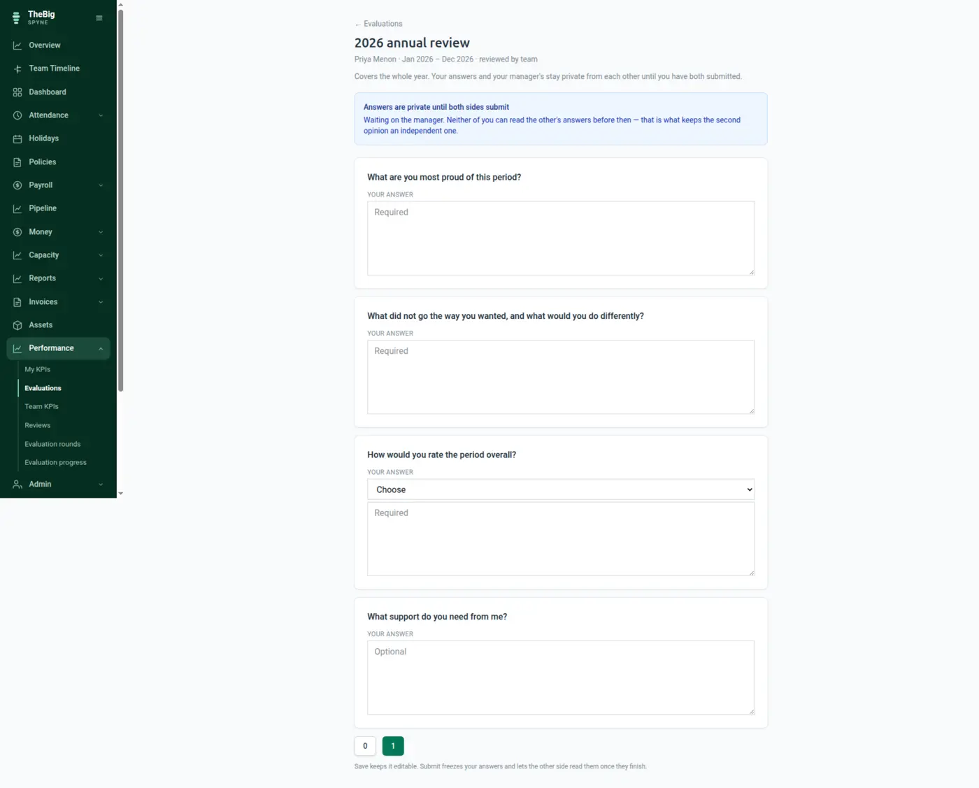 An employee performance review page showing weighted progress, each KPI and attached work