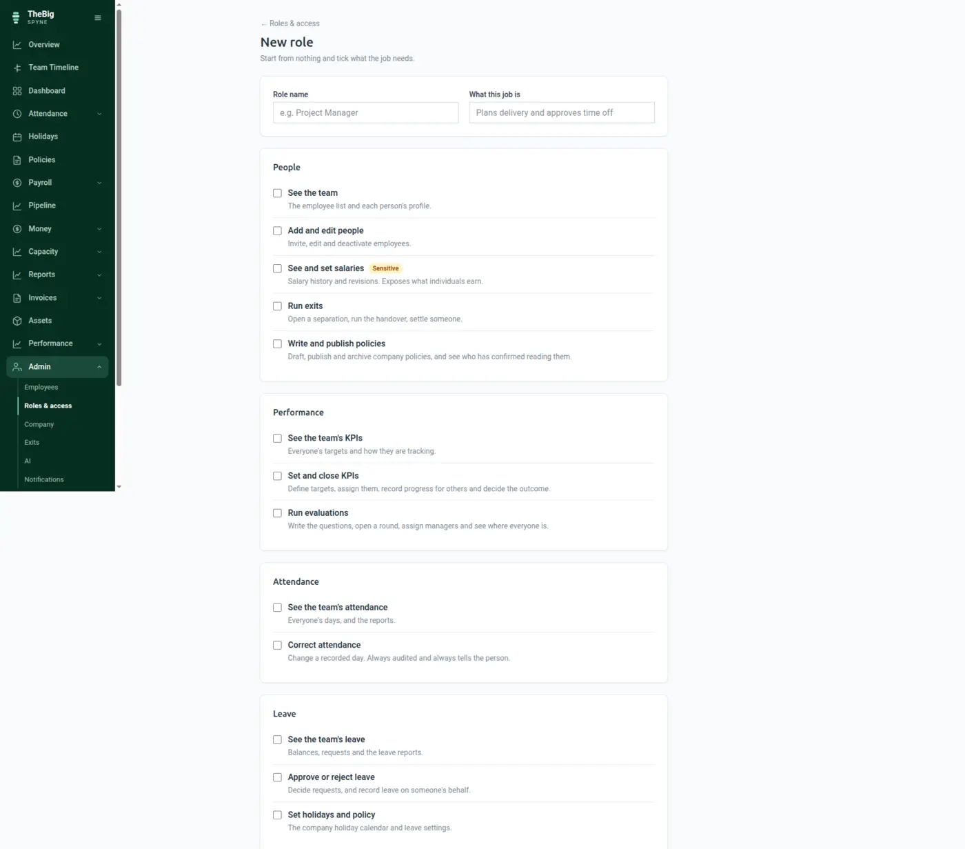 Creating a new role, with permissions grouped by module and sensitive ones flagged