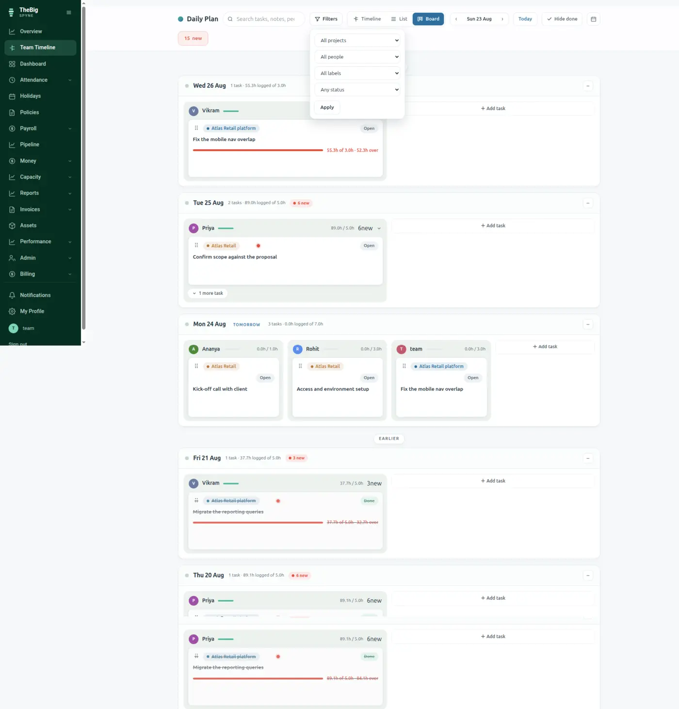A single day on the team timeline with each person's tasks in their own column