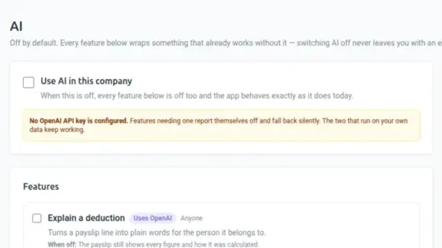 The AI settings screen listing each feature, what it does and what happens when it is off