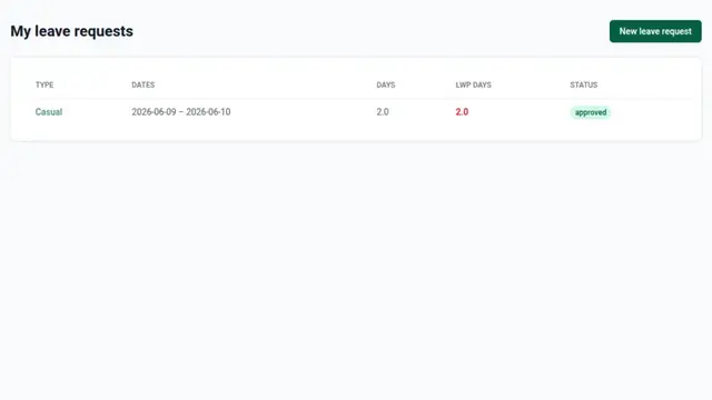 An employee's leave requests screen showing casual and sick leave balances and request history