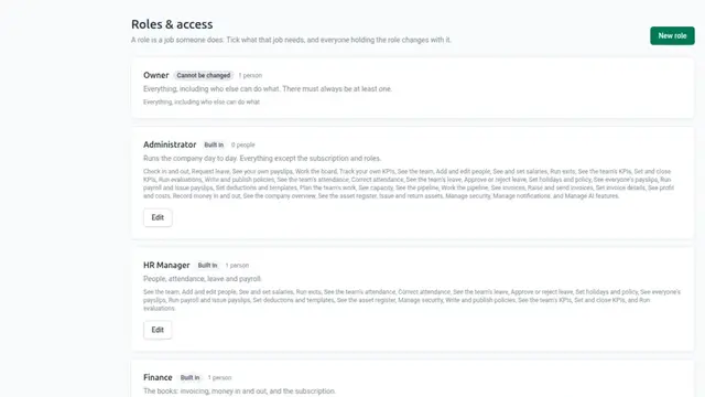 The roles and access screen listing custom roles with the permissions each one grants